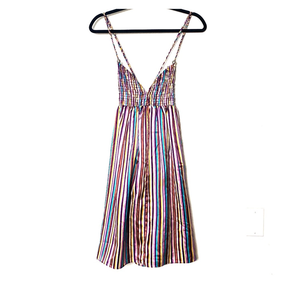 Smocked bust, satin midi length dress. Small